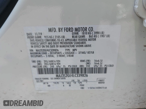 2020 Ford EcoSport SE z VIN MAJ3S2GE4LC339826, wystawiony jako IAAI lot #42009372 z przebiegiem 23 745 mil mil oraz . Historia ofert i sprzedaży dostępna na DreamBid. Obrazek 9.