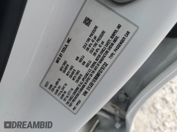 2021 Tesla Model 3 Long Range with VIN 5YJ3E1EB8MF079732, listed as a Copart auction lot 54683445 with 98,504 mi miles and Salvage Title. Bid and sale history available at DreamBid. Image 13.