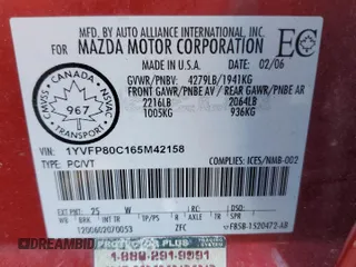2006 Mazda 6 i with VIN 1YVFP80C165M42158, listed as a Copart auction lot 47978495 with 138,439 mi miles and Salvage Title. Bid and sale history available at carsss.com. Image 12.