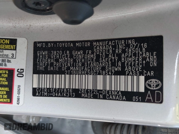 2016 Toyota Corolla L with VIN 2T1BURHE5GC718547, listed as a IAAI auction lot 42419614 with 141,997 mi miles and . Bid and sale history available at DreamBid. Image 9.