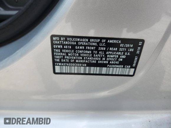 2016 Volkswagen Passat S with VIN 1VWAS7A32GC033149, listed as a Copart auction lot 59406895 with 75,923 mi miles and Salvage title. Bid and sale history available at DreamBid. Image 12.