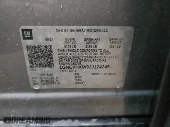 2018 Chevrolet Traverse LT z VIN 1GNEVHKW9JJ124245, wystawiony jako Copart lot #57029805 z przebiegiem 157 694 mil mil oraz Szkoda całkowita • Salvage title. Historia ofert i sprzedaży dostępna na DreamBid. Obrazek 13.