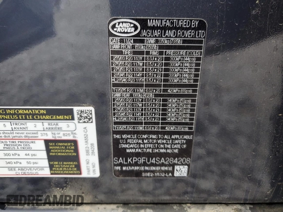 2025 Land Rover Range Rover SE with VIN SALKP9FU4SA284208, listed as a Copart auction lot 55233495 with 10,801 mi miles and Salvage title. Bid and sale history available at DreamBid. Image 13.