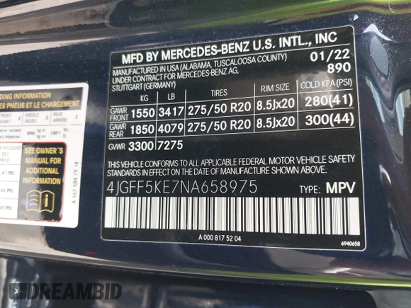 2022 Mercedes-Benz GLS 450 with VIN 4JGFF5KE7NA658975, listed as a IAAI auction lot 42439664 with 52,431 mi miles and . Bid and sale history available at DreamBid. Image 9.