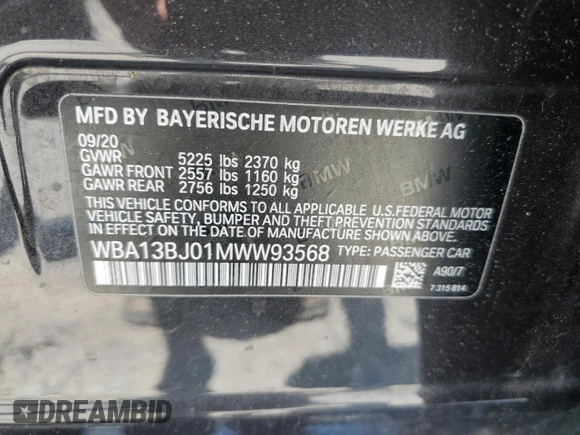 2021 BMW 5 Series 530i xDrive with VIN WBA13BJ01MWW93568, listed as a Copart auction lot 61368935 with 107,638 mi miles and Salvage title. Bid and sale history available at DreamBid. Image 12.