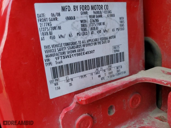 2008 Ford Super Duty F-250 SRW XL with VIN 1FTSW21Y58EE45307, listed as a Copart auction lot 81155204 with 0 mi miles and Salvage Title. Bid and sale history available at carsss.com. Image 15.