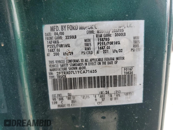 2000 Ford F-150 XL with VIN 2FTRX07L1YCA71635, listed as a Copart auction lot 47196175 with Not provided miles and Non repairable. Bid and sale history available at DreamBid. Image 12.