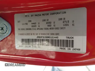 1991 Mazda B-Series Truck with VIN JM2UF3130M0121445, listed as a IAAI auction lot 41646079 with 271,494 mi miles and . Bid and sale history available at DreamBid. Image 9.