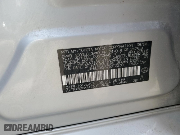 2007 Lexus IS 350 with VIN JTHBE262675012230, listed as a Copart auction lot 46686995 with 158,767 mi miles and Salvage Title. Bid and sale history available at DreamBid. Image 12.