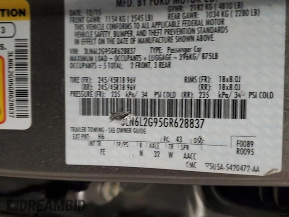 2016 Lincoln MKZ with VIN 3LN6L2G95GR628837, listed as a Copart auction lot 59262845 with 148,255 mi miles and Salvage title. Bid and sale history available at DreamBid. Image 12.
