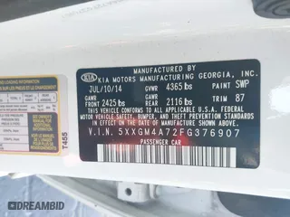2015 Kia Optima LX with VIN 5XXGM4A72FG376907, listed as a IAAI auction lot 41823625 with 156,281 mi miles. Bid and sale history available at carsss.com. Image 9.