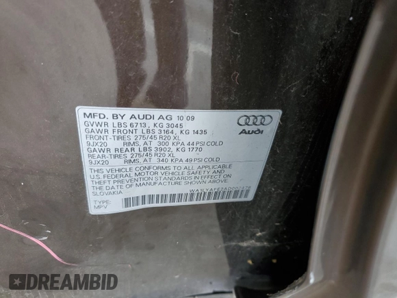 2010 Audi Q7 3.6L Premium Plus with VIN WA1LYAFE2AD002478, listed as a Copart auction lot 46897585 with 95,459 mi miles and Salvage Title. Bid and sale history available at carsss.com. Image 13.