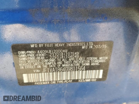 2016 Subaru WRX with VIN JF1VA1B64G9811564, listed as a Copart auction lot 89174365 with 81,939 mi miles and Salvage Title. Bid and sale history available at DreamBid. Image 15.