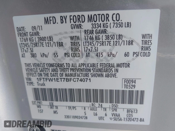 2011 Ford F-150 XLT with VIN 1FTFW1ET7BFC74071, listed as a IAAI auction lot 41646271 with 172,740 mi miles. Bid and sale history available at carsss.com. Image 9.