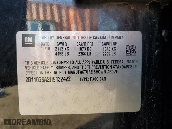 2017 Chevrolet Impala LT with VIN 2G1105SA2H9132422, listed as a Copart auction lot 51583795 with 126,686 mi miles and Salvage Title. Bid and sale history available at DreamBid. Image 15.