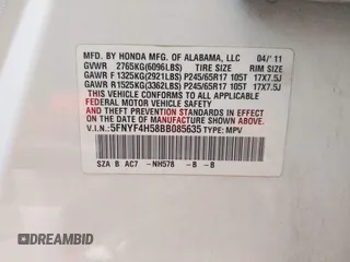 2011 Honda Pilot EX-L with VIN 5FNYF4H58BB085635, listed as a IAAI auction lot 42114205 with 218,399 mi miles. Bid and sale history available at carsss.com. Image 9.