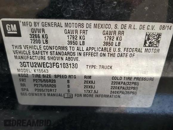 2015 GMC Sierra 1500 Denali z VIN 3GTU2WEC3FG103130, wystawiony jako Copart lot #60243545 z przebiegiem 139 382 mil mil oraz Szkoda całkowita • Salvage title. Historia ofert i sprzedaży dostępna na DreamBid. Obrazek 12.