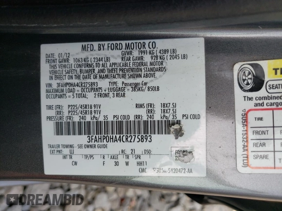 2012 Ford Fusion SE with VIN 3FAHP0HA4CR275893, listed as a Copart auction lot 52882725 with 192,725 mi miles and Salvage Title. Bid and sale history available at DreamBid. Image 14.