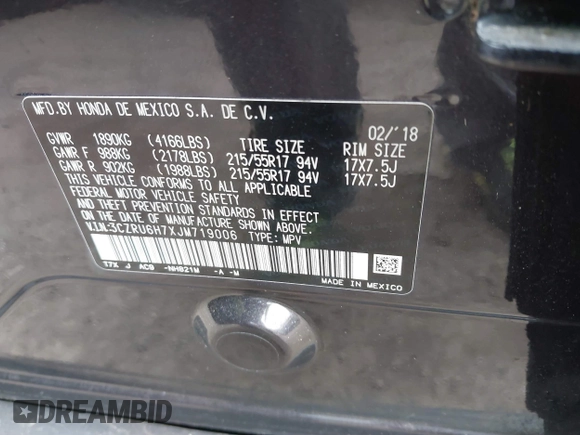 2018 Honda HR-V EX-L with VIN 3CZRU6H7XJM719006, listed as a IAAI auction lot 41333855 with 57,678 mi miles and . Bid and sale history available at carsss.com. Image 9.