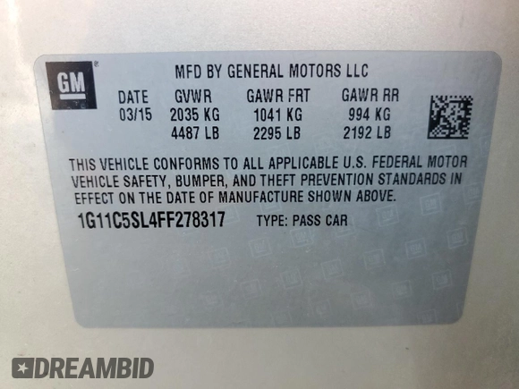 2015 Chevrolet Malibu LT with VIN 1G11C5SL4FF278317, listed as a Copart auction lot 54923565 with 237,108 mi miles and Salvage Title. Bid and sale history available at DreamBid. Image 13.