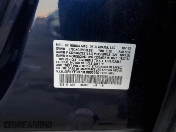 2014 Honda Pilot EX-L with VIN 5FNYF3H73EB003990, listed as a Copart auction lot 86632024 with 134,575 mi miles and Salvage Title. Bid and sale history available at DreamBid. Image 13.