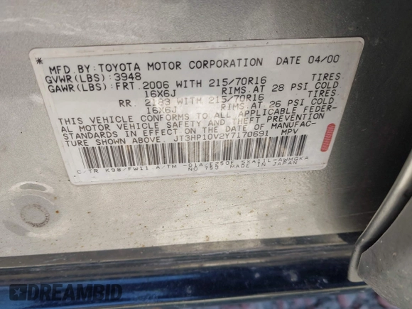 2000 Toyota RAV4 z VIN JT3HP10V2Y7170691, wystawiony jako IAAI lot #41975965 z przebiegiem 167 271 mil mil oraz . Historia ofert i sprzedaży dostępna na DreamBid. Obrazek 9.
