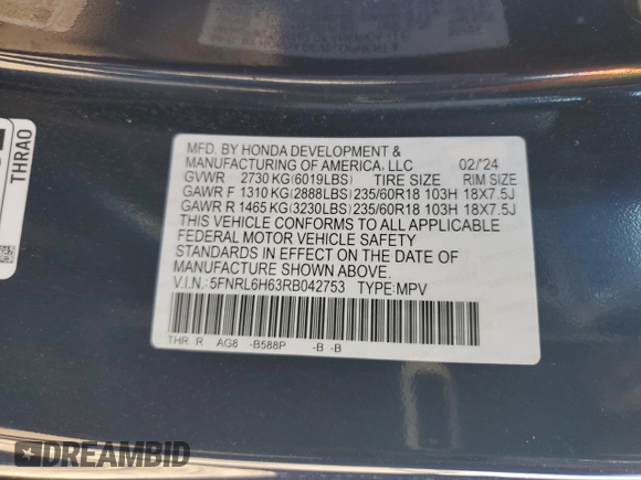 2024 Honda Odyssey EX-L with VIN 5FNRL6H63RB042753, listed as a Copart auction lot 65665724 with Not Provided miles and Salvage Title. Bid and sale history available at DreamBid. Image 13.