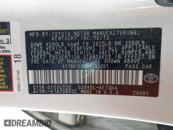 2014 Toyota Avalon Limited with VIN 4T1BK1EB8EU081201, listed as a IAAI auction lot 41624523 with 196,217 mi miles. Bid and sale history available at carsss.com. Image 9.