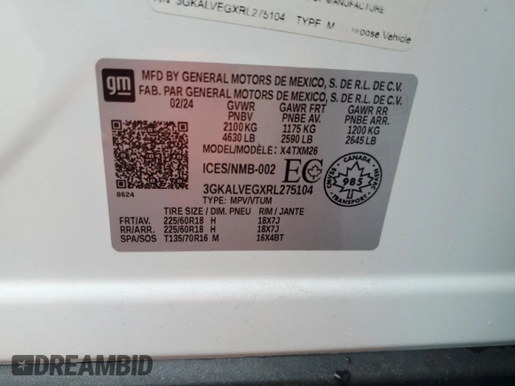 2024 GMC Terrain SLT with VIN 3GKALVEGXRL275104, listed as a Copart auction lot 60019185 with 10,127 mi miles and Salvage title. Bid and sale history available at DreamBid. Image 13.