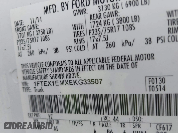 2014 Ford F-150 XL с VIN 1FTEX1EMXEKG33507, выставлен на аукционе IAAI как лот 41450253 с пробегом 87 475 миль миль и . История ставок и продаж доступна на DreamBid. Изображение 9.