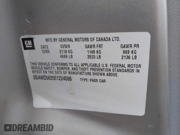 2006 Buick LaCrosse CX with VIN 2G4WC582561224586, listed as a IAAI auction lot 42374909 with 173,836 mi miles and . Bid and sale history available at DreamBid. Image 9.