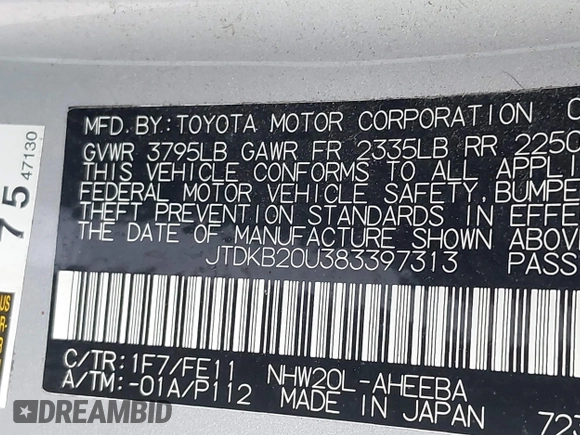 2008 Toyota Prius with VIN JTDKB20U383397313, listed as a IAAI auction lot 42284453 with 165,407 mi miles and . Bid and sale history available at DreamBid. Image 9.