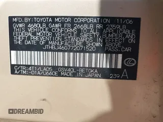 2007 Lexus ES 330 z VIN JTHBJ46G772071520, wystawiony jako IAAI lot #42558690 z przebiegiem 203 029 mil mil oraz . Historia ofert i sprzedaży dostępna na DreamBid. Obrazek 9.