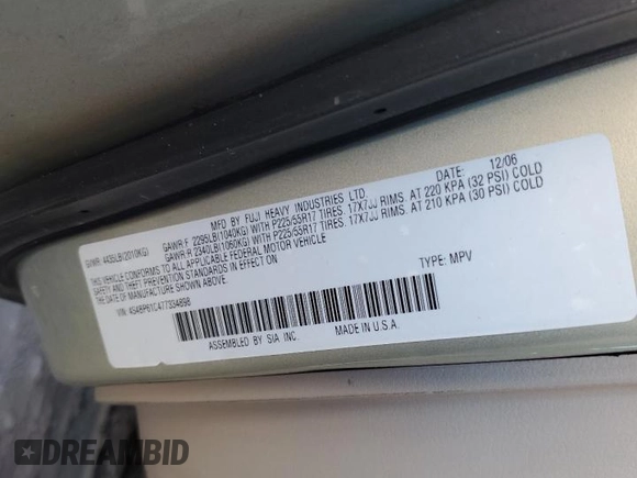 2007 Subaru Legacy Outback with VIN 4S4BP61C477334898, listed as a Copart auction lot 54066425 with 76,548 mi miles and Salvage title. Bid and sale history available at DreamBid. Image 12.