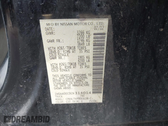 2012 Nissan Titan SL with VIN 1N6AA0EC0CN314014, listed as a IAAI auction lot 41562597 with 152,678 mi miles and . Bid and sale history available at DreamBid. Image 9.