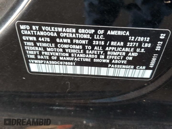 2013 Volkswagen Passat SE z VIN 1VWBP7A39DC076081, wystawiony jako Copart lot #57167695 z przebiegiem Nie podano mil oraz Szkoda całkowita • Salvage title. Historia ofert i sprzedaży dostępna na DreamBid. Obrazek 12.