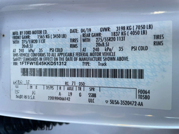 2019 Ford F-150 XL with VIN 1FTFW1E45KKD51312, listed as a Copart auction lot 49357265 with 142,521 mi miles and Clean Title. Bid and sale history available at DreamBid. Image 10.