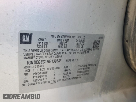 2017 Chevrolet Suburban LS with VIN 1GNSCGEC1HR139533, listed as a Copart auction lot 74292594 with 150,442 mi miles and Salvage title. Bid and sale history available at DreamBid. Image 13.