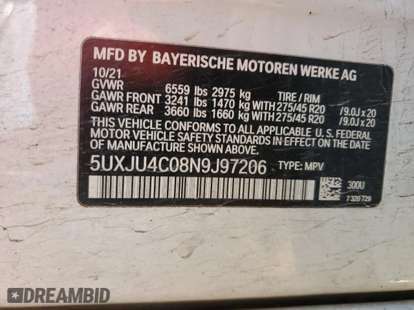 2022 BMW X5 M50i with VIN 5UXJU4C08N9J97206, listed as a Copart auction lot 83159594 with 92,534 mi miles and Clean Title. Bid and sale history available at carsss.com. Image 12.