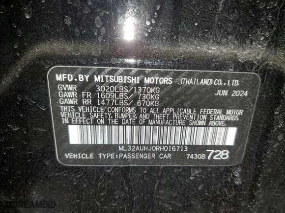 2024 Mitsubishi Mirage ES with VIN ML32AUHJ0RH016713, listed as a Copart auction lot 53776935 with 13,123 mi miles and Clean Title. Bid and sale history available at carsss.com. Image 13.