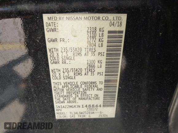 2018 Nissan Murano S z VIN 5N1AZ2MG4JN148844, wystawiony jako IAAI lot #42193100 z przebiegiem 70 104 mil mil oraz . Historia ofert i sprzedaży dostępna na DreamBid. Obrazek 9.