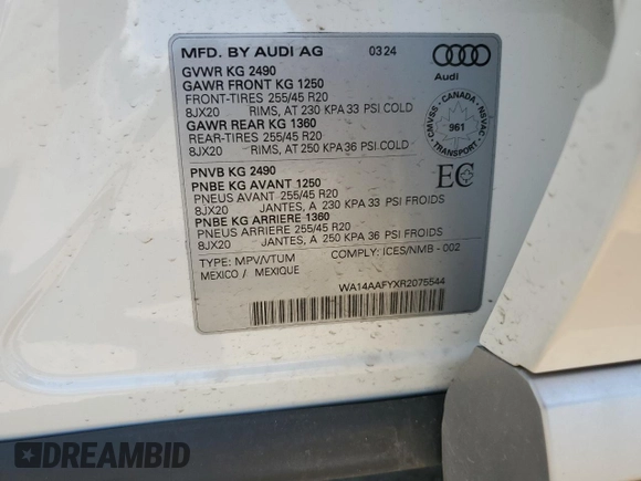 2024 Audi Q5 Sportback S line Premium с VIN WA14AAFYXR2075544, выставлен на аукционе Copart как лот 61252864 с пробегом 3 528 миль миль и Списание • Salvage title. История ставок и продаж доступна на DreamBid. Изображение 13.