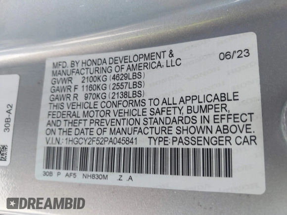 2023 Honda Accord Sport with VIN 1HGCY2F52PA045841, listed as a IAAI auction lot 42224595 with 25,549 mi miles and . Bid and sale history available at DreamBid. Image 9.