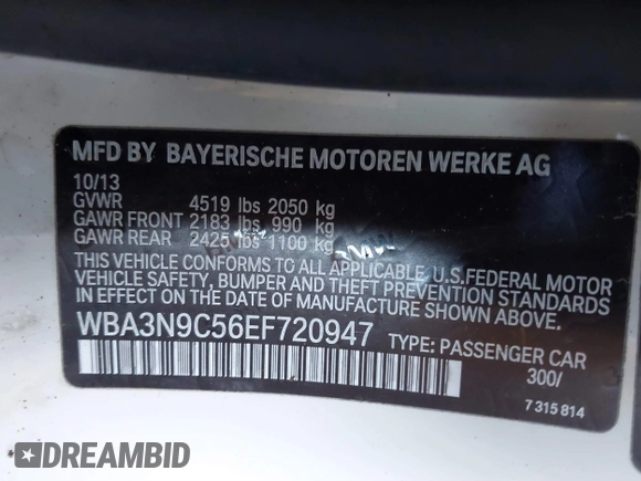 2014 BMW 4 Series 428i xDrive with VIN WBA3N9C56EF720947, listed as a IAAI auction lot 41530996 with Not provided miles and . Bid and sale history available at DreamBid. Image 9.