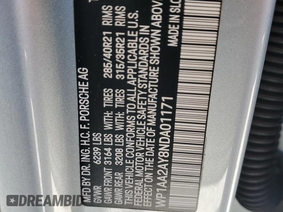 2022 Porsche Cayenne Turbo S E-Hybrid with VIN WP1AA2AY8NDA01171, listed as a Copart auction lot 55990585 with 54,390 mi miles and Salvage title. Bid and sale history available at DreamBid. Image 13.