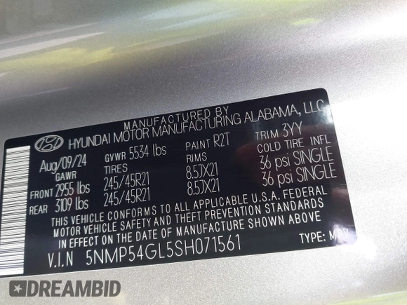 2025 Hyundai Santa Fe Calligraphy with VIN 5NMP54GL5SH071561, listed as a IAAI auction lot 42181010 with 1,324 mi miles and . Bid and sale history available at DreamBid. Image 9.