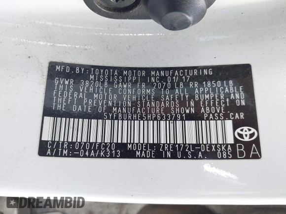 2017 Toyota Corolla L z VIN 5YFBURHE5HP633791, wystawiony jako IAAI lot #41426630 z przebiegiem 99 450 mil mil oraz . Historia ofert i sprzedaży dostępna na DreamBid. Obrazek 9.