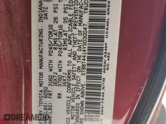 2000 Toyota Tundra SR5 with VIN 5TBBT4414YS030047, listed as a Copart auction lot 49096455 with Not Provided miles and Salvage Title. Bid and sale history available at DreamBid. Image 14.