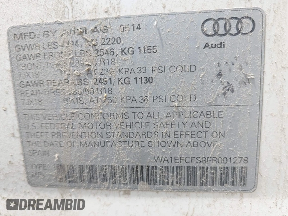 2015 Audi Q3 Premium Plus z VIN WA1EFCFS8FR001278, wystawiony jako IAAI lot #42475043 z przebiegiem 125 417 mil mil oraz . Historia ofert i sprzedaży dostępna na DreamBid. Obrazek 9.