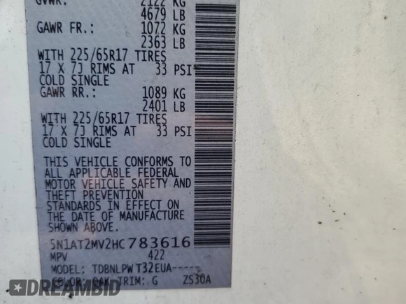 2017 Nissan Rogue S with VIN 5N1AT2MV2HC783616, listed as a Copart auction lot 60442815 with Not provided miles and Clean title. Bid and sale history available at DreamBid. Image 13.